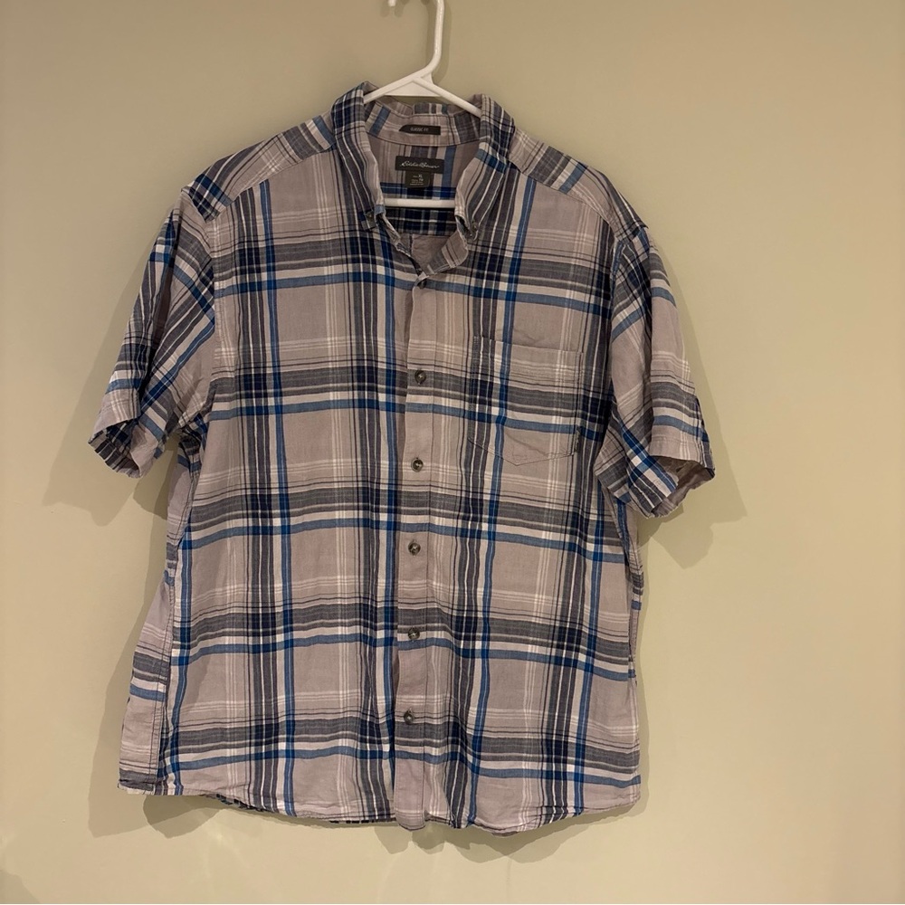 Eddie Bauer Short Sleeve Plaid Button-Down Shirt - Blue & Gray